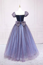 Cute Velvet Tulle Long Prom Dresses, A-Line Short Sleeve Graduation Dresses