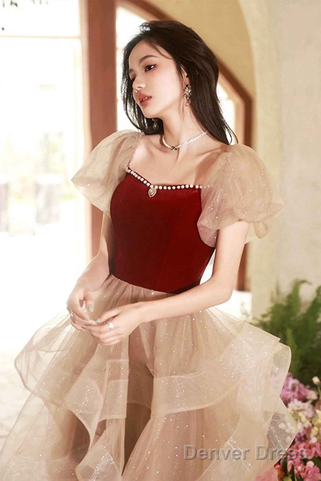 Cute Velvet Tulle Short Prom Dress, Beautiful Prom Dress Homecoming Dresses