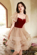 Cute Velvet Tulle Short Prom Dress, Beautiful Prom Dress Homecoming Dresses