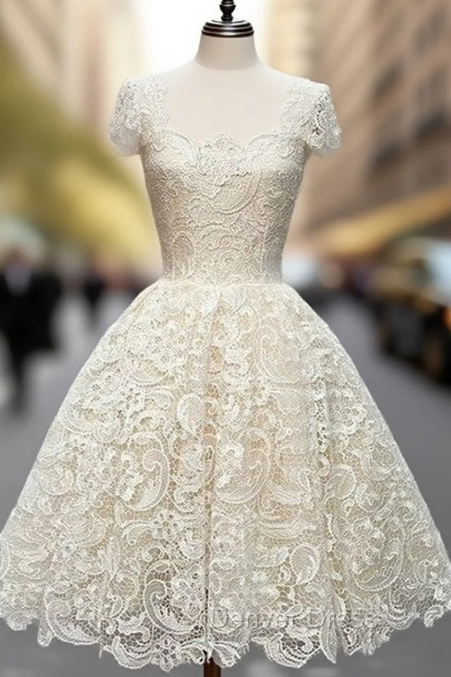Cute White Lace Short Prom Dress, Lace Bridesmaid Dresses