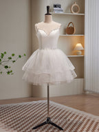 Cute White Short Tulle Beaded Graduation Dresses, White Short Prom Dresses Formal Dresses