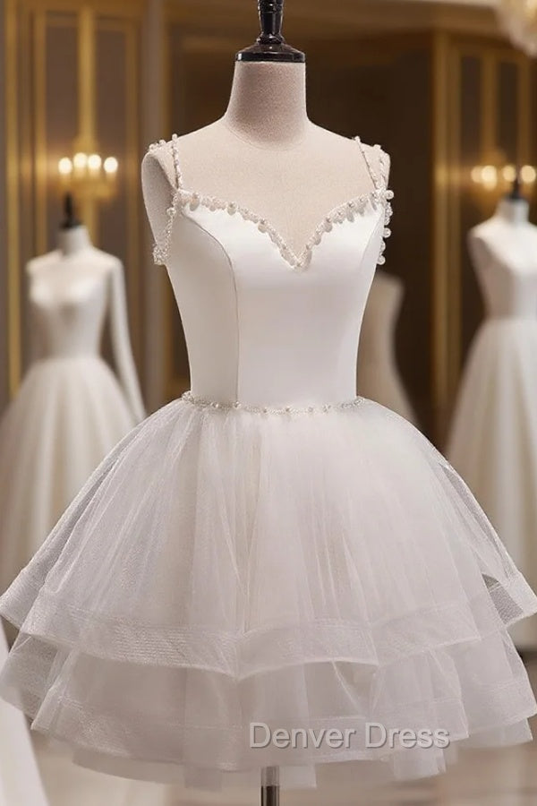Cute White Short Tulle Beaded Graduation Dresses, White Short Prom Dresses Formal Dresses Main image
