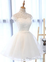 Cute White Tulle Short Lace Cap Sleeves Party Dress, White Homecoming Dress