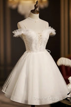 Cute White Tulle Short Party Dresses with Lace, Off Shoulder Homecoming Dresses