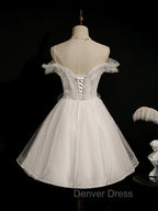Cute White Tulle Short Prom Dress with Lace, Off Shoulder Homecoming Dresses