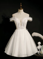 Cute White Tulle Short Prom Dress with Lace, Off Shoulder Homecoming Dresses