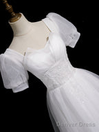 Cute White Tulle Short Sleeves Beaded Prom Dress, A Line White Tulle Prom Dresses