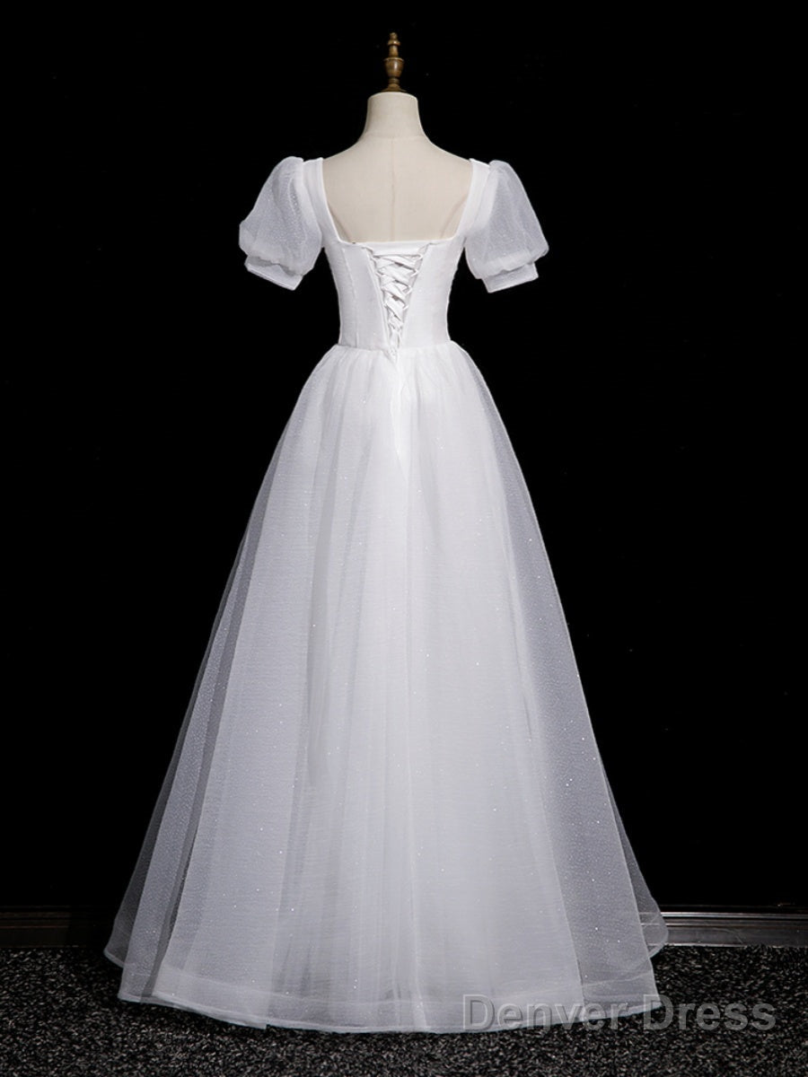 Cute White Tulle Short Sleeves Beaded Prom Dress, A Line White Tulle Prom Dresses