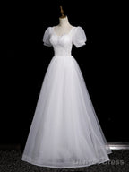 Cute White Tulle Short Sleeves Beaded Prom Dress, A Line White Tulle Prom Dresses