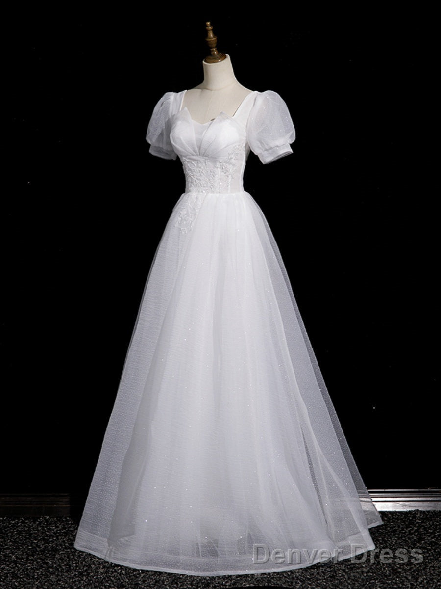 Cute White Tulle Short Sleeves Beaded Prom Dress, A Line White Tulle Prom Dresses