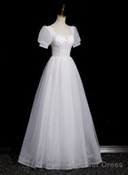 Cute White Tulle Short Sleeves Beaded Prom Dress, A Line White Tulle Prom Dresses