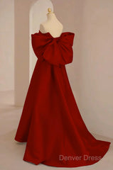 Cute Wine Red Satin Off Shoulder Long Party Dresses With Bow, Wine Red Prom Dresses