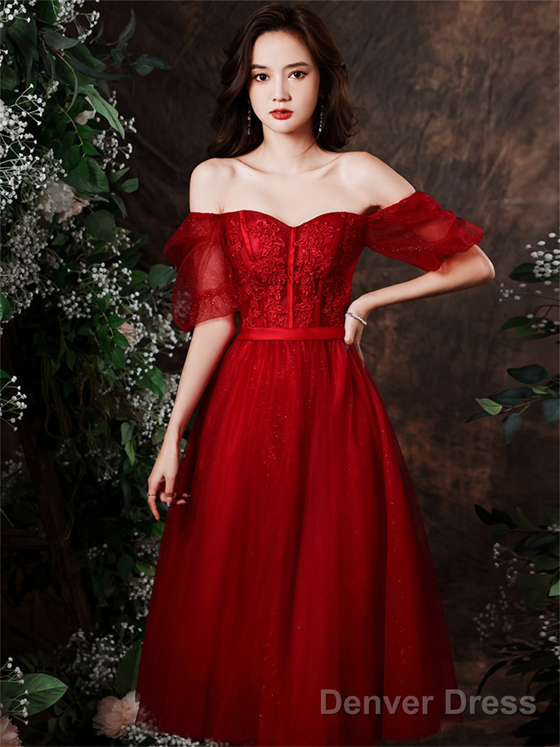 Cute Wine Red Tulle With Lace Tea Length Prom Dress, Wine Red Prom Dresses Secondary image