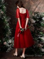 Cute Wine Red Tulle With Lace Tea Length Prom Dress, Wine Red Prom Dresses