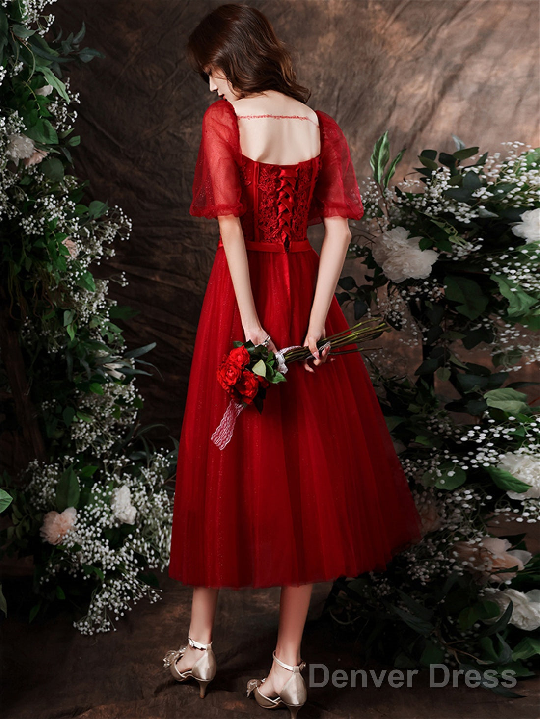 Cute Wine Red Tulle With Lace Tea Length Prom Dress, Wine Red Prom Dresses