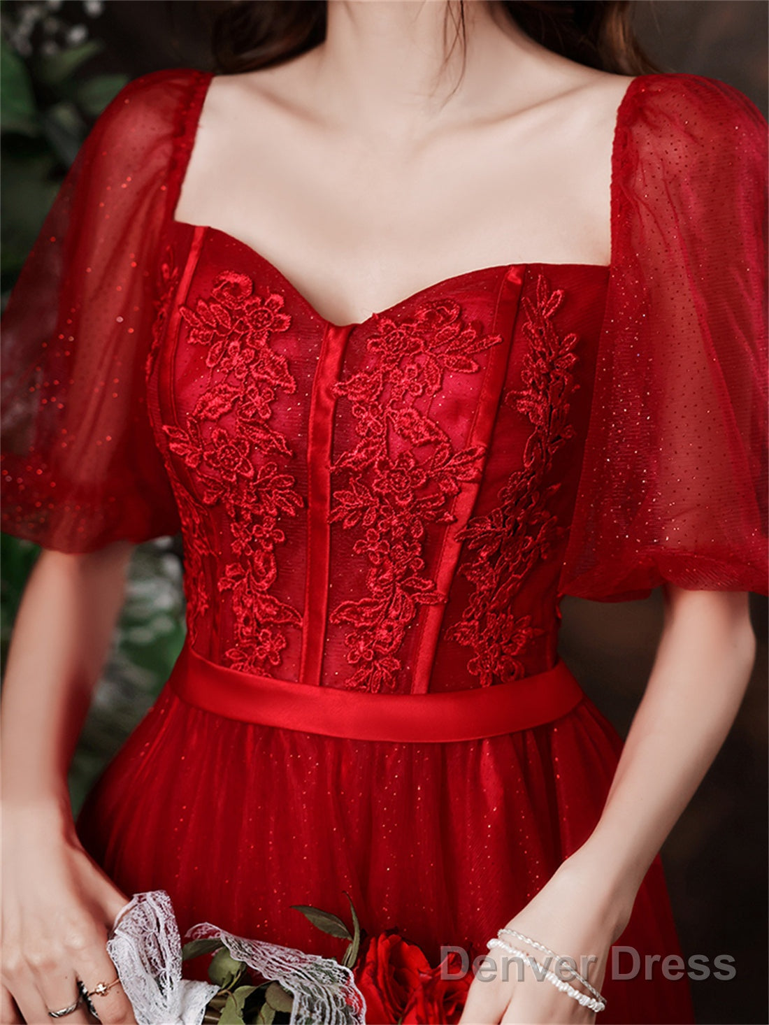Cute Wine Red Tulle With Lace Tea Length Prom Dress, Wine Red Prom Dresses