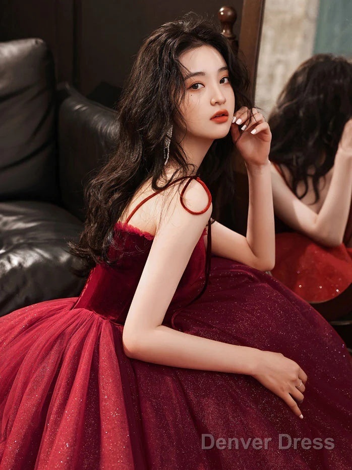 Cute Wine Red Velvet And Tulle Homecoming Dress, Wine Red Straps Prom Dresses