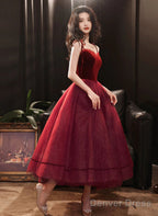 Cute Wine Red Velvet And Tulle Homecoming Dress, Wine Red Straps Prom Dresses