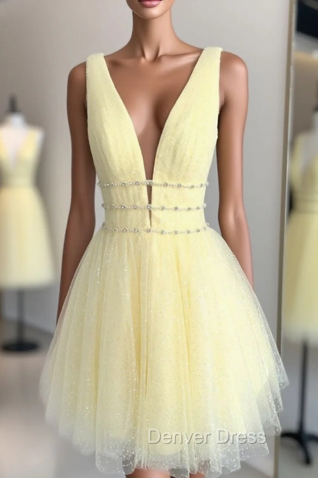 Cute Yellow V Neck Tulle Beads Short Prom Dresses Yellow Homecoming Dresses Main image