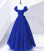 Cute Tulle Long Prom Dress with Bow, Royal Blue Short Sleeve Evening Party Dress