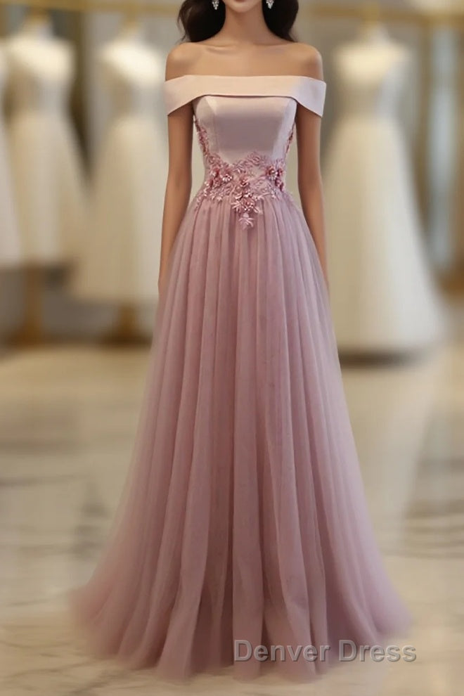Pink A Line Off Shoulder Floor Length Prom Dress, Lace Prom Dresses