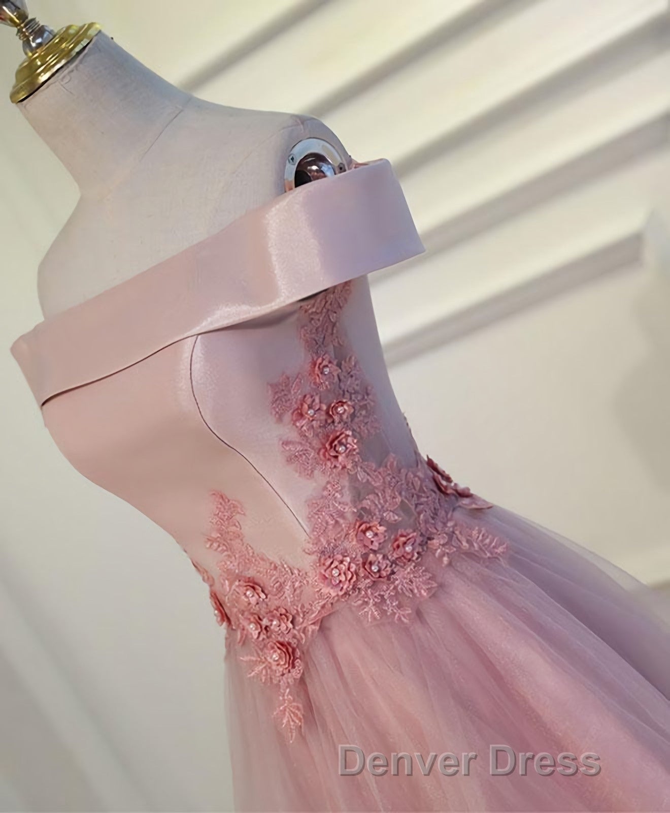 Pink A Line Off Shoulder Floor Length Prom Dress, Lace Prom Dresses