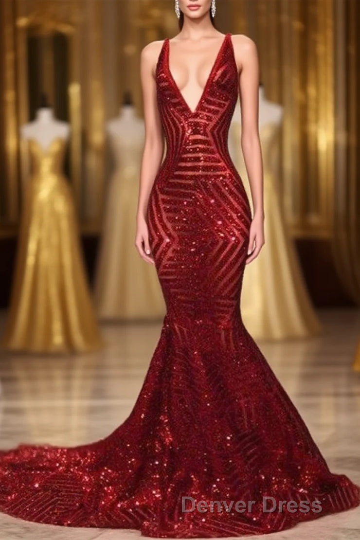 Red Sequins Shiny V-Neck Mermaid Long Prom Dresses Main image