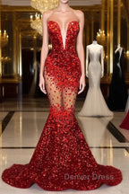 Red Mermaid Style Prom Dresses with Sweetheart Sequins and Ruffle