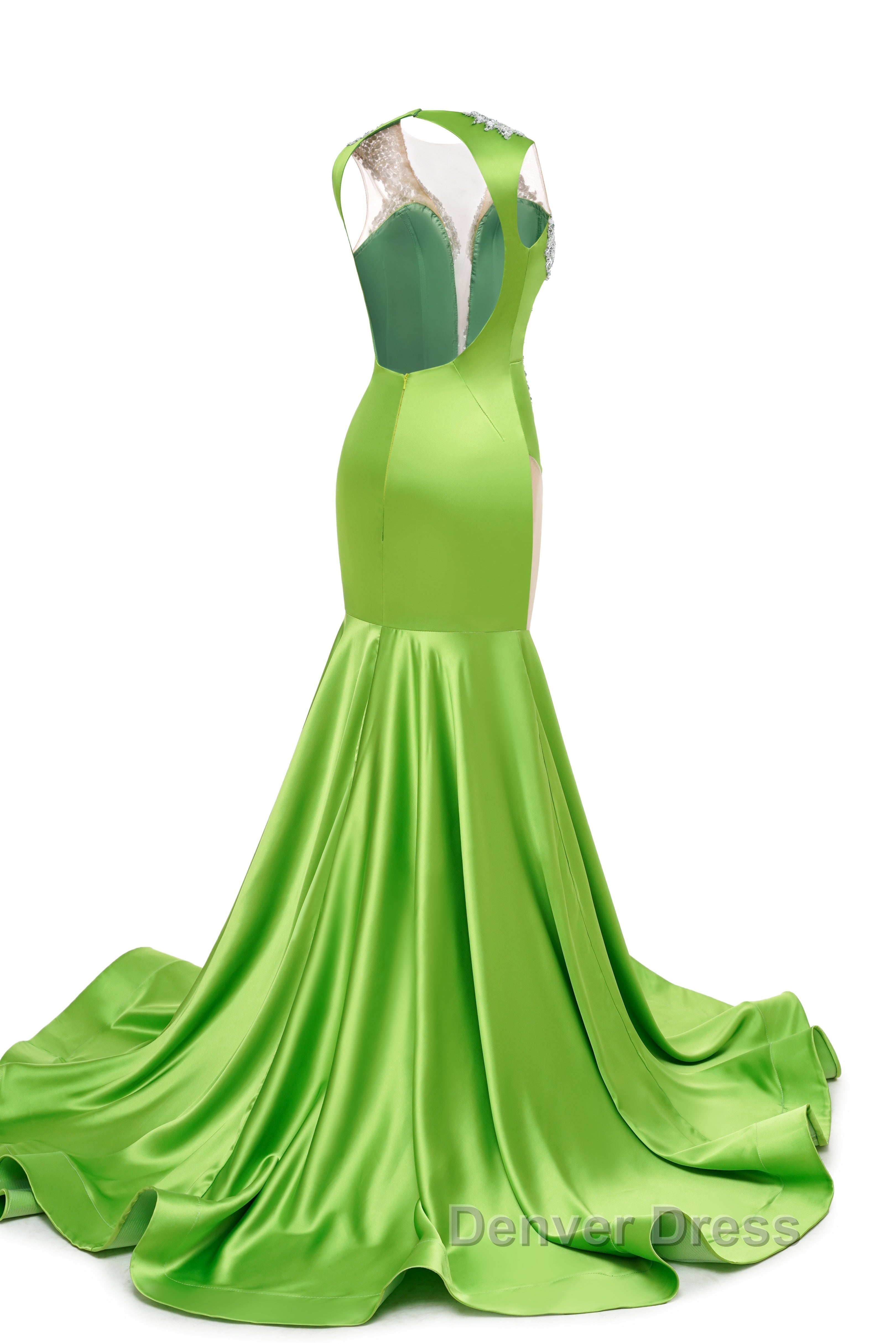 V Neck Mermaid Brush Train Hollow Sleeveless Beading Prom Dresses