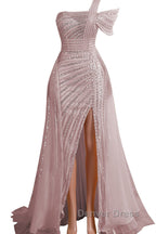One Shoulder Beading Sweep Train Backless Prom Dresses