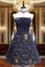 Dark Blue A-Line Sequin Lace Short Prom Dresses, Blue Homecoming Dresses