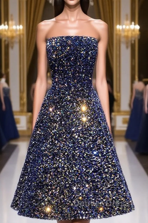 Dark Blue A Line Sequin Lace Short Prom Dress, Cute Blue Homecoming Dresses Main image