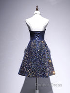 Dark Blue A-Line Sequin Lace Short Prom Dresses, Cute Blue Homecoming Dresses