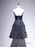 Dark Blue A Line Sequin Lace Short Prom Dress, Cute Blue Homecoming Dresses