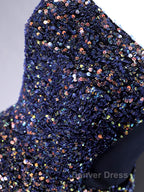 Dark Blue A-Line Sequin Lace Short Prom Dresses, Cute Blue Homecoming Dresses