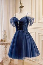 Dark Blue A Line Short Prom Dress, Dark Blue Homecoming Dresses