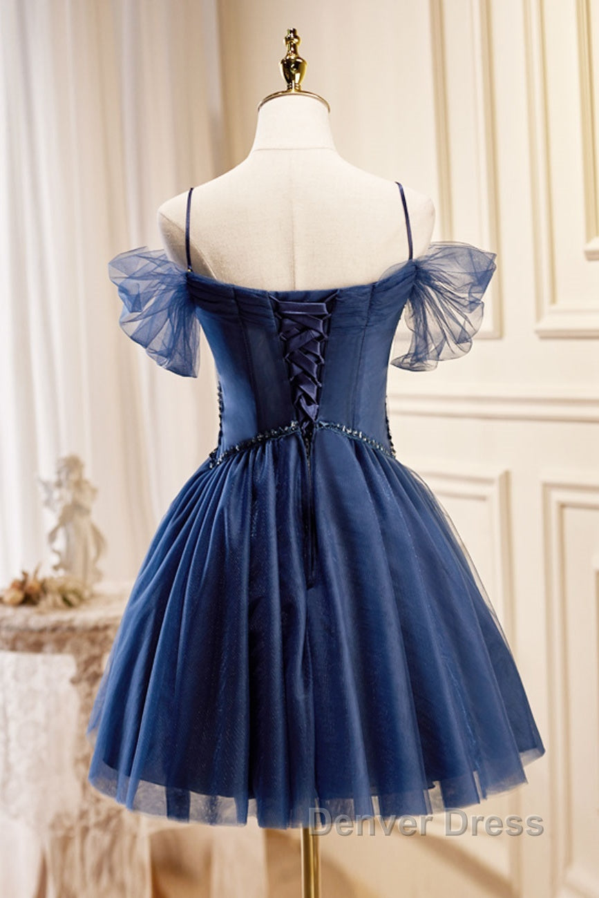 Dark Blue A Line Short Prom Dress, Dark Blue Homecoming Dresses