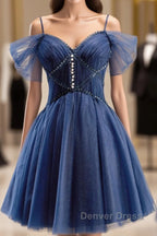 Dark Blue A Line Short Prom Dress, Dark Blue Homecoming Dresses