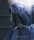 Dark Blue A Line Strapless Beaded Tulle Long Senior Prom Dresses Evening Party Dresses