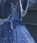 Dark Blue A Line Strapless Beaded Tulle Long Senior Prom Dress