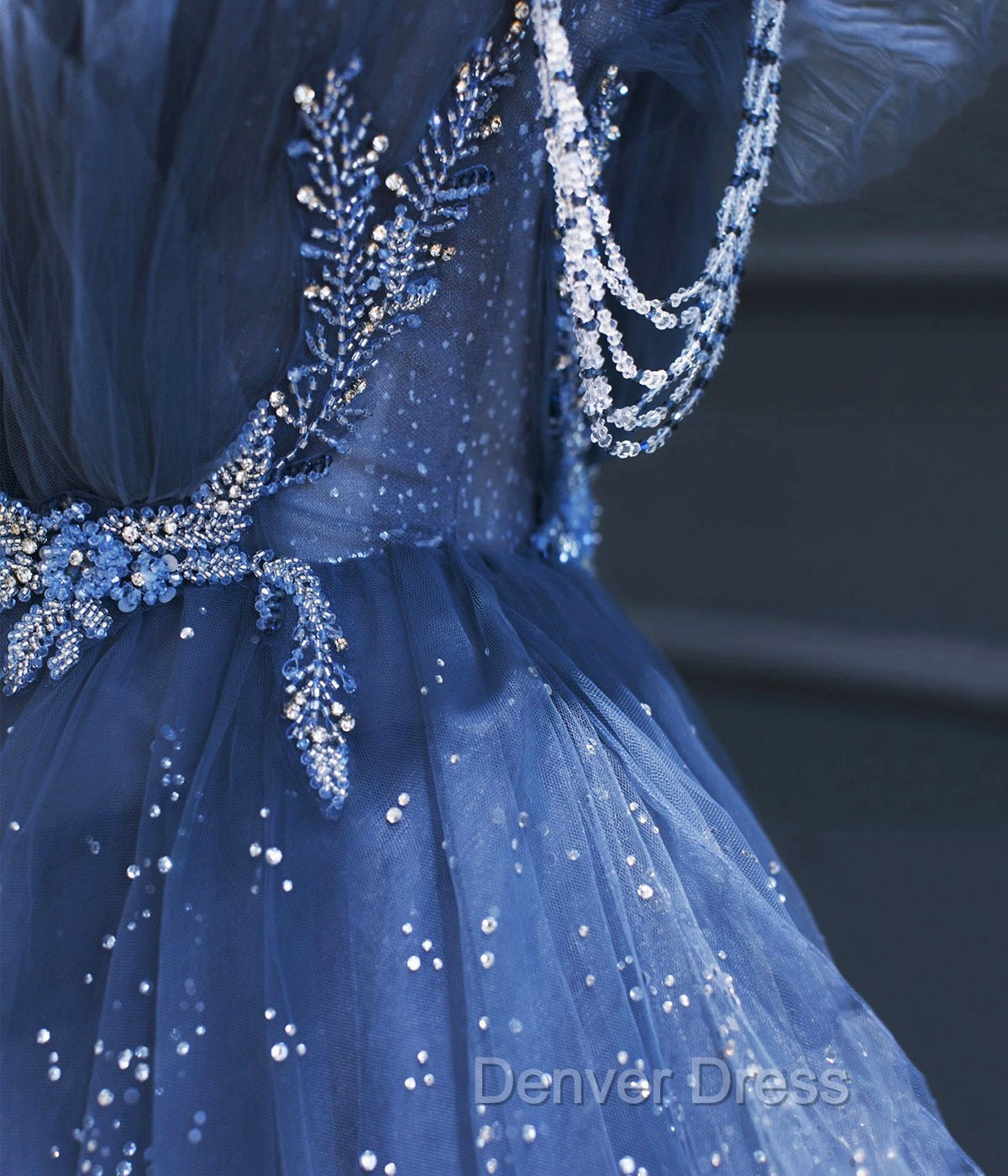 Dark Blue A Line Strapless Beaded Tulle Long Senior Prom Dress