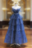 Dark Blue A Line Strapless Beaded Tulle Long Senior Prom Dresses Evening Party Dresses
