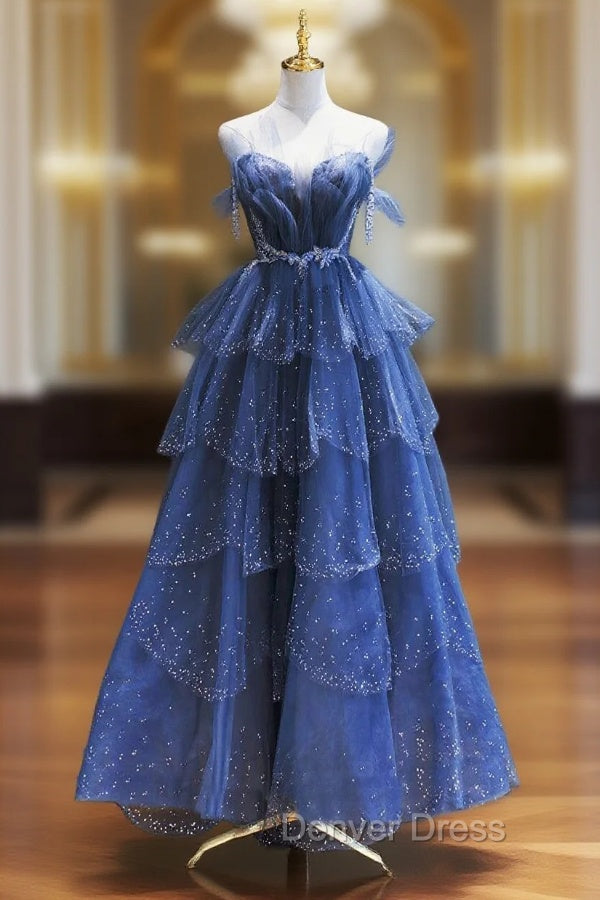 Dark Blue A Line Strapless Beaded Tulle Long Senior Prom Dress