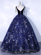 Dark Blue A-Line Tulle Lace Long Prom Dresses, Dark Blue Long Formal Dresses