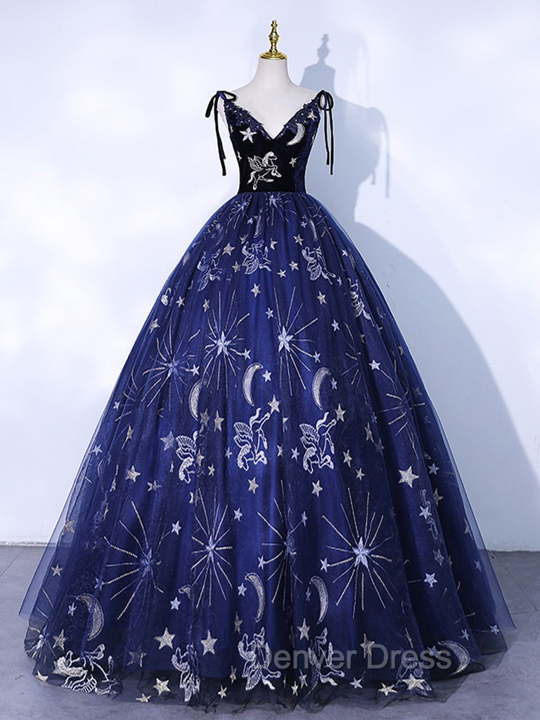 Dark Blue A-Line Tulle Lace Long Prom Dresses, Dark Blue Long Formal Dresses Main image