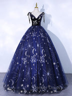 Dark Blue A-Line Tulle Lace Long Prom Dresses, Dark Blue Long Formal Dresses