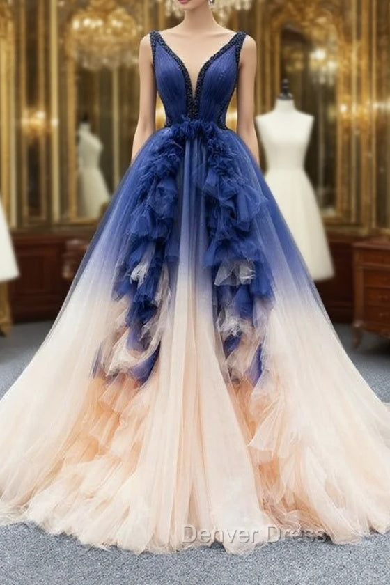 Dark Blue And Champagne Tulle V Neck Backless Beading Prom Dresses