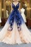 Dark Blue And Champagne Tulle V Neck Backless Beading Prom Dresses