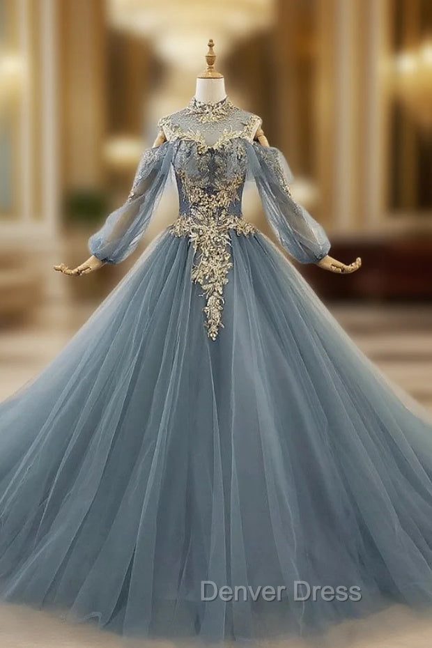 Dark Blue Ball Gown Tulle High Neck Long Sleeve Sequins Wedding Dresses
