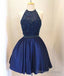 Dark Blue Beaded Short Prom Dress, Homecoming Dresses